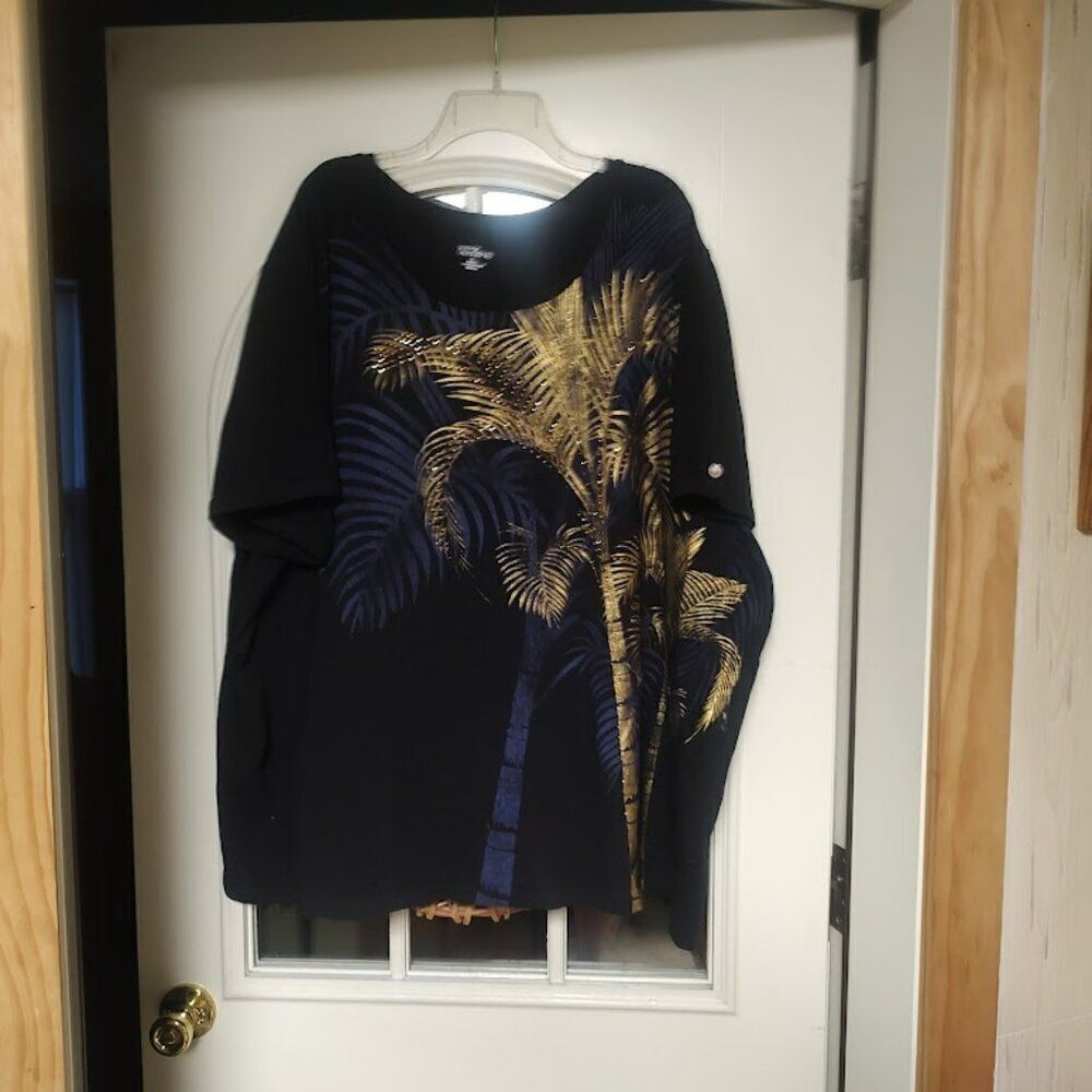 New Liz & Me For Catherines Black Gold Sparkly Tropical Design Top Women's 4X